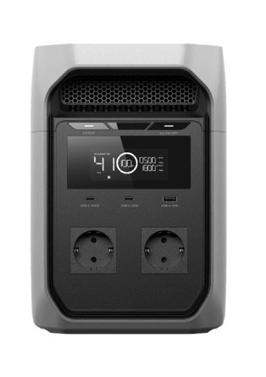 Face avant de la station EcoFlow DELTA 3 Classic : écran, deux prises 230 V et trois ports USB